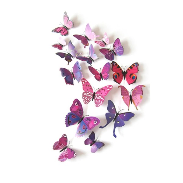 3D butterflies with magnet, house or event decorations, set of 12 pieces, purple color