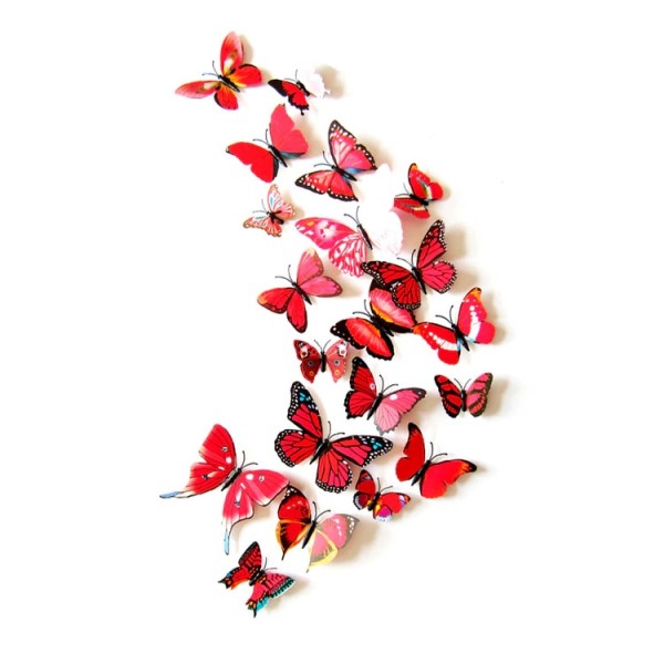 3D butterflies with magnet, house or event decorations, set of 12 pieces, red color