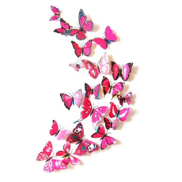 Fluturi 3D cu magnet, decoratiuni casa sau evenimente, set 12 bucati, rosu trandafiriu