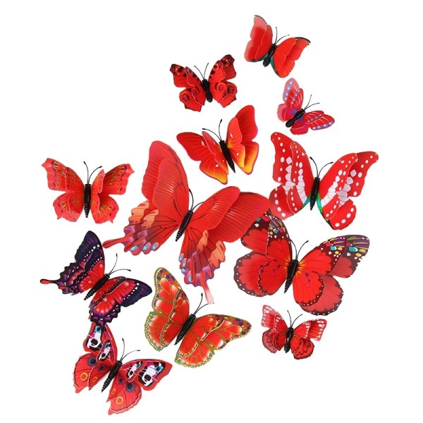 3D double butterflies with magnet, house or event decorations, set of 12 pieces, red color, A15