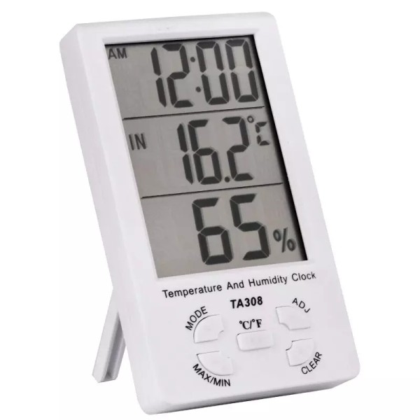 Digital thermometer and hygrometer, alarm clock, with sensor, white color