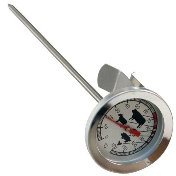 Food thermometer, especially for meat, analog, metallic, cooking thermometer, rod