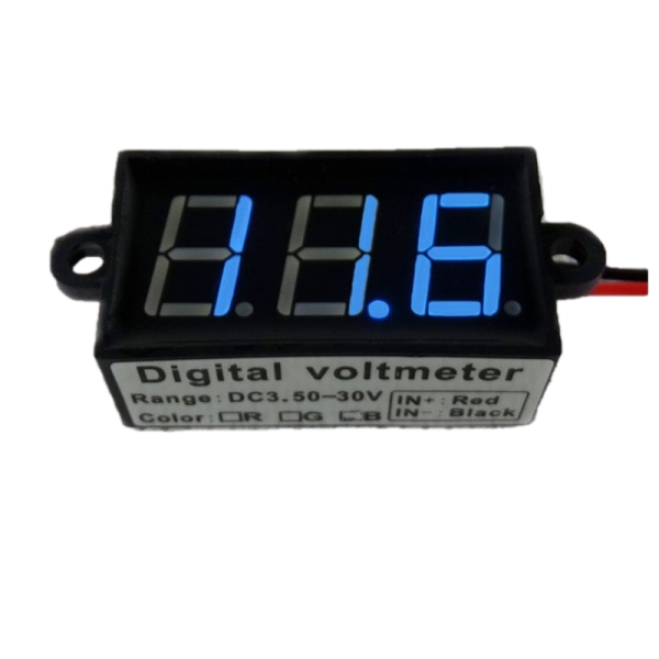 Digital voltmeter with blue LEDs, 3.5 to 30 V, black case, 3-digit and 2-wire, waterproof