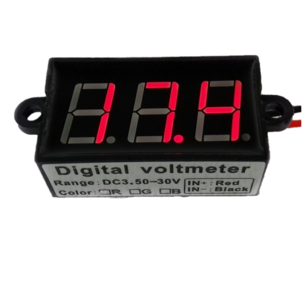 Digital voltmeter with red LEDs, 3.5 to 30 V, black case, 3-digit and 2-wire, waterproof