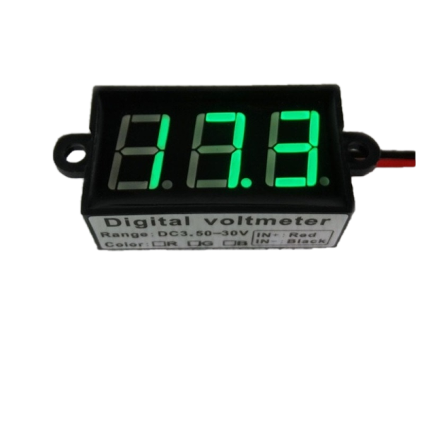 Digital voltmeter with green LEDs, 3.5 to 30 V, black case, 3-digit and 2-wire, waterproof
